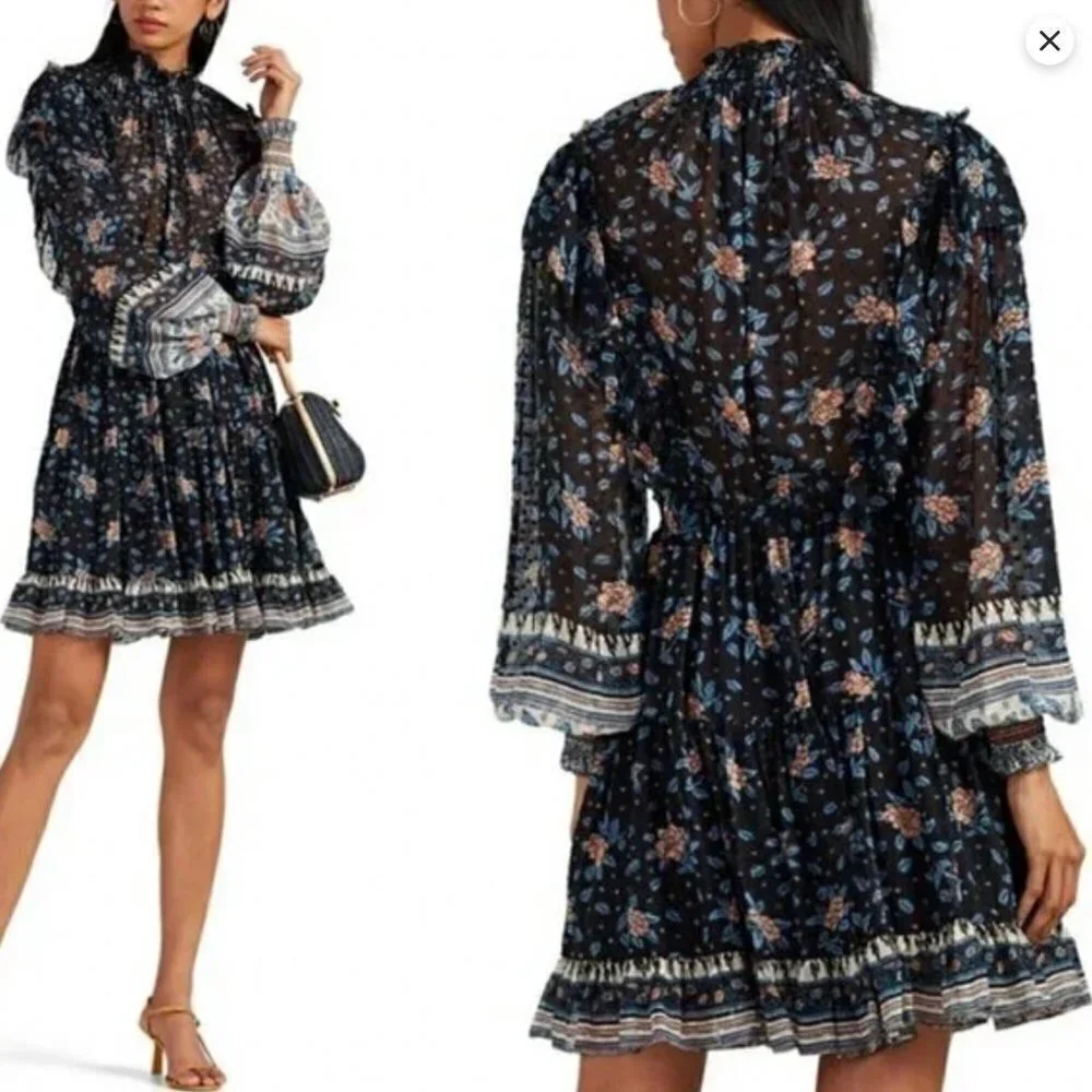 Ulla Johnson Womens Vivian Dress Floral Ruffle Neck Smocked Sleeve Black Size 2 - Picture 1 of 9